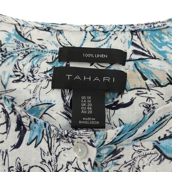 Tahari Linen Tunic Womens 1X White Blue Roll Tab Sleeve Button Up Bird Graphic - Picture 6 of 11
